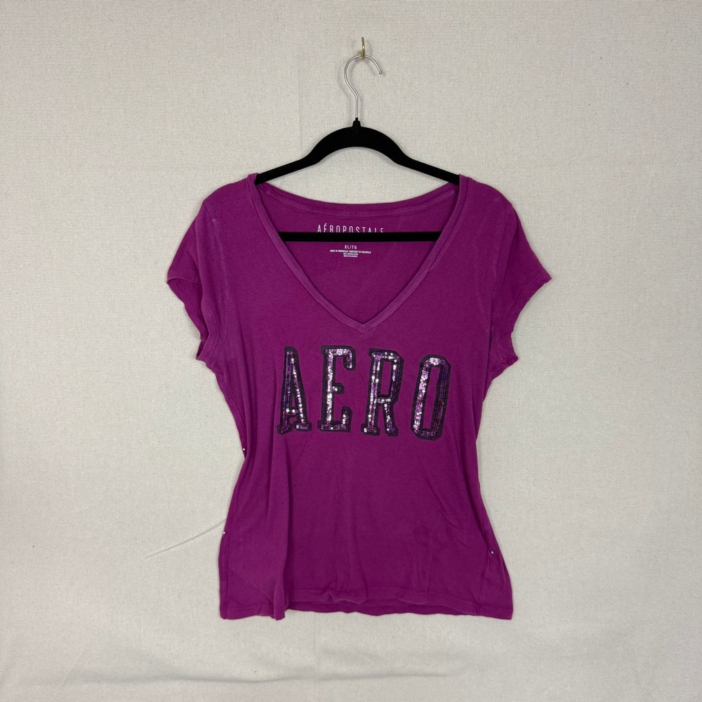 Aeropostale Womens XL Magenta Purple Sequin Aero Graphic V-Neck T-Shirt Cotton